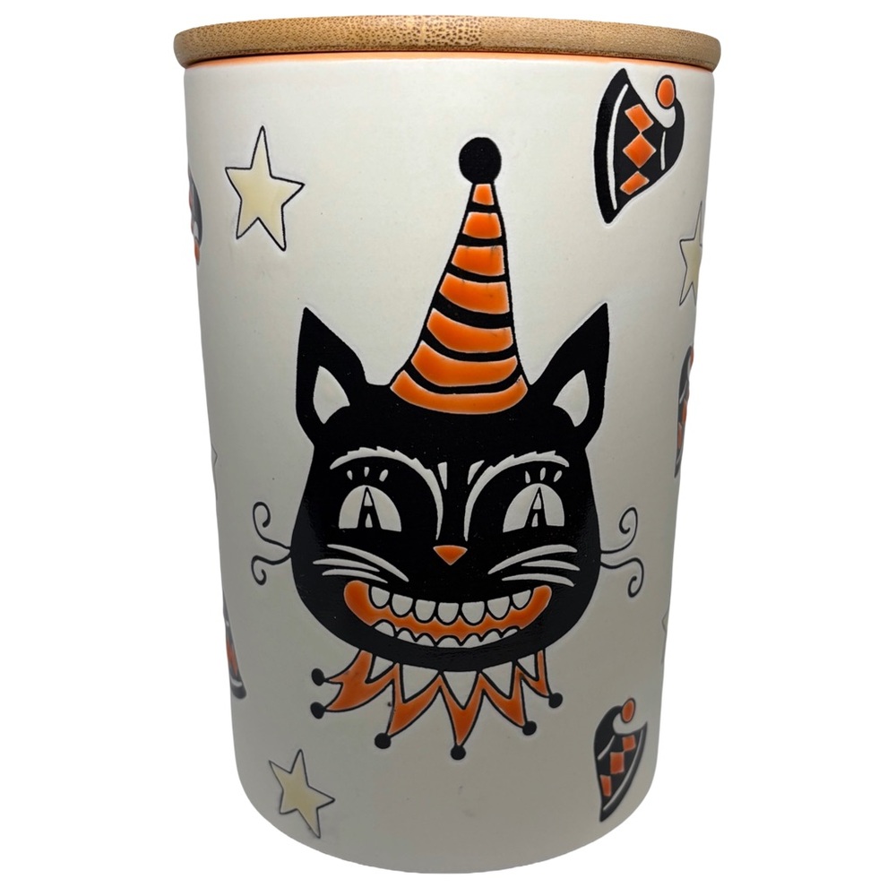 ELI & ANA NWT ceramic chill cat Halloween canister with bamboo lid -8”